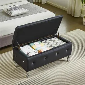 Upholstered Storage Ottoman Bench For Bedroom End Of Bed Faux Leather Rectangular Storage Benches Footrest With Crystal Buttons For Living Room Entryway (Black) Upholstered Storage Ottoman Bench For Bedroom End Of Bed Faux Leather Rectangular Storage Benches Footrest With Crystal Buttons For Living Room Entryway (Black)