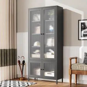 Large Metal Storage Cabinet Display Cabinet with 4 Glass Doors 5 Shelves Side Cabinet Bookcase Freestanding Cabinet for Bedroom Living Room Pantry Home Office - Black, Fluted Tempered Glass Large Metal Storage Cabinet Display Cabinet with 4 Glass Doors 5 Shelves Side Cabinet Bookcase Freestanding Cabinet for Bedroom Living Room Pantry Home Office - Black, Fluted Tempered Glass