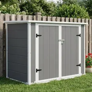 Horizontal Outdoor Storage Shed with Ramp & Hydraulic Lid, Lockable Waterproof Storage Cabinet for Trash Cans, Tools & Firewood Horizontal Outdoor Storage Shed with Ramp & Hydraulic Lid, Lockable Waterproof Storage Cabinet for Trash Cans, Tools & Firewood