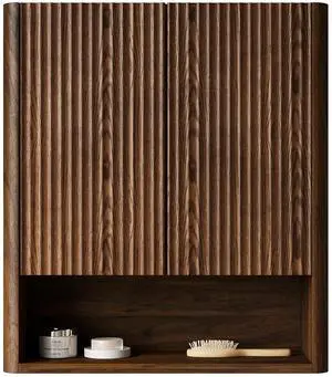 ZULA 26" Wall-Mounted Striped Bathroom Cabinet, with Doors, Shelf and Open Storage Compartment Over The Toilet Storage Cabinet for Bathroom, Kitchen, Laundry Room, Dark Walnut Woodgrain Color Finish ZULA 26" Wall-Mounted Striped Bathroom Cabinet, with Doors, Shelf and Open Storage Compartment Over The Toilet Storage Cabinet for Bathroom, Kitchen, Laundry Room, Dark Walnut Woodgrain Color Finish