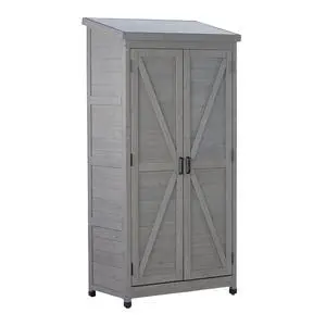 Outdoor Wooden Storage Shed with Metal Top Tall Vertical Tool Cabinet for Backyard Garden Patio Lawn Outdoor Wooden Storage Shed with Metal Top Tall Vertical Tool Cabinet for Backyard Garden Patio Lawn