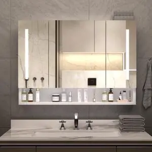 Modern 39x28 inches Aluminium Bathroom Cabinets, Medicine Cabinets with Mirrors and LED Lights, Bathroom Storage Cabinet with Multilevel Storage Compartments Modern 39x28 inches Aluminium Bathroom Cabinets, Medicine Cabinets with Mirrors and LED Lights, Bathroom Storage Cabinet with Multilevel Storage Compartments