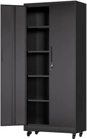 71"H Metal Garage Storage Cabinet with Wheels and Lock, Heavy Duty Rolling Metal Cabinet, 4 Adjustable Shelves (180lb Each), 3-Point Locking Security, for Tool Organization in Garage, Workshop, Office 71"H Metal Garage Storage Cabinet with Wheels and Lock, Heavy Duty Rolling Metal Cabinet, 4 Adjustable Shelves (180lb Each), 3-Point Locking Security, for Tool Organization in Garage, Workshop, Office