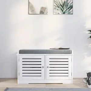 Shoe Storage Bench with Padded Seat Cushion, Entryway Bench with 2 Barn Doors-White Shoe Storage Bench with Padded Seat Cushion, Entryway Bench with 2 Barn Doors-White
