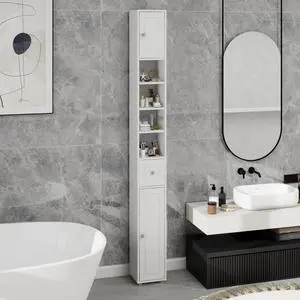 Tall Slim Bathroom Storage Cabinet, 71" Freestanding Bathroom Cabinet with 1 Drawer, 2 Doors and 4 Adjustable Shelves-White Tall Slim Bathroom Storage Cabinet, 71" Freestanding Bathroom Cabinet with 1 Drawer, 2 Doors and 4 Adjustable Shelves-White