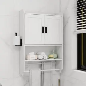 Bathroom Wall Cabinet with Doors,Adjustable Shelf,Towel Bar and Paper Holder, Over The Toilet Storage Cabinet, Medicine Cabinet for Bathroom-White Bathroom Wall Cabinet with Doors,Adjustable Shelf,Towel Bar and Paper Holder, Over The Toilet Storage Cabinet, Medicine Cabinet for Bathroom-White