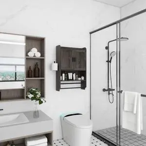 Bathroom Wall Cabinet with Doors,Adjustable Shelf,Towel Bar and Paper Holder, Over The Toilet Storage Cabinet, Medicine Cabinet for Bathroom-Grey Bathroom Wall Cabinet with Doors,Adjustable Shelf,Towel Bar and Paper Holder, Over The Toilet Storage Cabinet, Medicine Cabinet for Bathroom-Grey