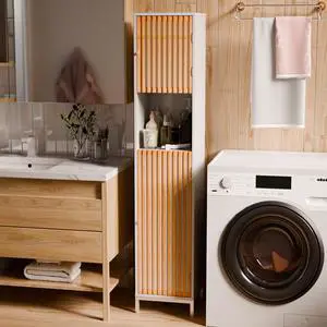 Bathroom Tall Storage Cabinet with Bamboo Slats Door - Natural/White Bathroom Tall Storage Cabinet with Bamboo Slats Door - Natural/White