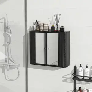 Black Wall-Mounted Bathroom Cabinet with Mirror, 2 Mirrored Doors & Open Shelf, Farmhouse Metal Frame Storage Cabinet with Open Compartment for Vanity, Toilet & Over-the-Sink Black Wall-Mounted Bathroom Cabinet with Mirror, 2 Mirrored Doors & Open Shelf, Farmhouse Metal Frame Storage Cabinet with Open Compartment for Vanity, Toilet & Over-the-Sink