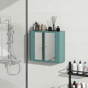 Army Green Wall-Mounted Bathroom Cabinet with Mirror, 2 Mirrored Doors & Open Shelf, Farmhouse Metal Frame Storage Cabinet with Open Compartment for Vanity, Toilet & Over-the-Sink Army Green Wall-Mounted Bathroom Cabinet with Mirror, 2 Mirrored Doors & Open Shelf, Farmhouse Metal Frame Storage Cabinet with Open Compartment for Vanity, Toilet & Over-the-Sink