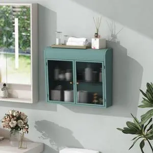 Army Green 2-Door Wall-Mounted Metal Storage Cabinet with Tempered Glass Doors & Shelves for Bathroom, Kitchen, Living Room & Office Army Green 2-Door Wall-Mounted Metal Storage Cabinet with Tempered Glass Doors & Shelves for Bathroom, Kitchen, Living Room & Office