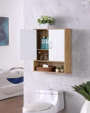 Bathroom Wall Cabinet with Double - Door, Bottom Shelf, Wavy - Patterned Doors, Adjustable Inner Shelf, Easy Installation, White & Natural Wood Bathroom Wall Cabinet with Double - Door, Bottom Shelf, Wavy - Patterned Doors, Adjustable Inner Shelf, Easy Installation, White & Natural Wood