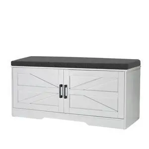 2-Tier Storage Bench, Farmhouse Shoe Bench with Padded Seat Cushion, Entryway Bench with 2 Barn Doors & 2 Adjustable Shelves, 13.75" D x 39.4" W x 17.72" H, for Entryway, Bedroom, Living Room, White 2-Tier Storage Bench, Farmhouse Shoe Bench with Padded Seat Cushion, Entryway Bench with 2 Barn Doors & 2 Adjustable Shelves, 13.75" D x 39.4" W x 17.72" H, for Entryway, Bedroom, Living Room, White