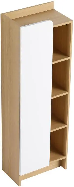 16" Tall Light Oak Freestanding Bathroom Side Cabinet, Narrow Storage Cabinet with Single Door & 4-Tier Open Shelves, KD (Ready-to-Assemble), Dual-Color Door Panels (White & Black), Plywood Constructi 16" Tall Light Oak Freestanding Bathroom Side Cabinet, Narrow Storage Cabinet with Single Door & 4-Tier Open Shelves, KD (Ready-to-Assemble), Dual-Color Door Panels (White & Black), Plywood Constructi