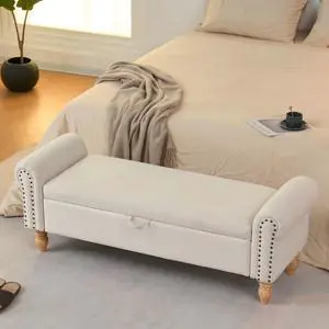 Storage Ottoman Bench, Fabric Benches End of Bed Bench with Solid Wood Legs Upholstered Ottoman Bench with Storage Indoor Bench for Living Room with Rolled Arm, Entryway, Beige Storage Ottoman Bench, Fabric Benches End of Bed Bench with Solid Wood Legs Upholstered Ottoman Bench with Storage Indoor Bench for Living Room with Rolled Arm, Entryway, Beige