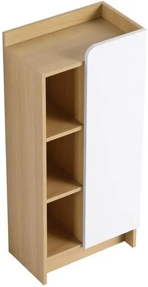 16" Medium Light Oak Freestanding Bathroom Side Cabinet, Narrow Storage Cabinet with Single Door & 3-Tier Open Shelves, KD (Ready-to-Assemble), Dual-Color Door Panels (White & Black), Plywood Construc 16" Medium Light Oak Freestanding Bathroom Side Cabinet, Narrow Storage Cabinet with Single Door & 3-Tier Open Shelves, KD (Ready-to-Assemble), Dual-Color Door Panels (White & Black), Plywood Construc