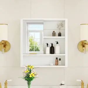 Modern Bathroom Mirror Cabinet, Wall Mounted Storage Cabinet with Open Shelves, Waterproof Medicine Cabinet with Gold Accent, Space Saving Vanity Organizer for Bathroom, White Modern Bathroom Mirror Cabinet, Wall Mounted Storage Cabinet with Open Shelves, Waterproof Medicine Cabinet with Gold Accent, Space Saving Vanity Organizer for Bathroom, White