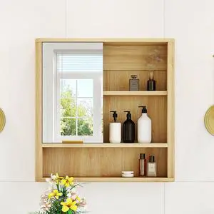 Natural Wood Finish Wall Mounted Mirror Cabinet, MDF Bathroom Storage Organizer with Open Shelves & Single Door for Bathroom, Vanity, Laundry Room Natural Wood Finish Wall Mounted Mirror Cabinet, MDF Bathroom Storage Organizer with Open Shelves & Single Door for Bathroom, Vanity, Laundry Room