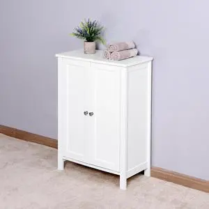 Bathroom Floor Storage Cabinet with Double Door Adjustable Shelf, White Bathroom Floor Storage Cabinet with Double Door Adjustable Shelf, White