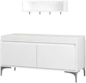 Wall-Mounted Entryway Shelf with Hooks and Storage Bench Set, Modern White Shoe Cabinet with Cushion and Closed Storage for Hallway, Bedroom, or Mudroom Wall-Mounted Entryway Shelf with Hooks and Storage Bench Set, Modern White Shoe Cabinet with Cushion and Closed Storage for Hallway, Bedroom, or Mudroom