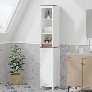 Tall Bathroom Storage Cabinet with Reversible Door, Freestanding Linen Tower with Open Shelves and Enclosed Cabinet, Narrow Floor Cabinet Organizer for Bathroom, Laundry Room or Small Spaces White Tall Bathroom Storage Cabinet with Reversible Door, Freestanding Linen Tower with Open Shelves and Enclosed Cabinet, Narrow Floor Cabinet Organizer for Bathroom, Laundry Room or Small Spaces White