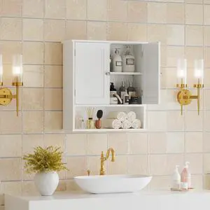 Bathroom Wall Cabinet with Door, Over Toilet Storage Cabinet with and Adjustable Shelves, 3-Tier Medicine Cabinet Wall Mounted, for Bathroom, Kitchen, Entryway, Laundry Room, White Bathroom Wall Cabinet with Door, Over Toilet Storage Cabinet with and Adjustable Shelves, 3-Tier Medicine Cabinet Wall Mounted, for Bathroom, Kitchen, Entryway, Laundry Room, White