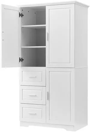 Tall and Wide Storage Cabinet with Doors for Bathroom/Office, Three Drawers, White Tall and Wide Storage Cabinet with Doors for Bathroom/Office, Three Drawers, White