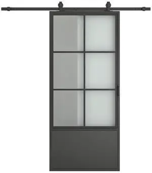 30 in. x 84 in. 3/4 Lites Frosted Glass Black Steel Frame Interior Sliding Barn Door with Hardware Kit and Door Handle 30 in. x 84 in. 3/4 Lites Frosted Glass Black Steel Frame Interior Sliding Barn Door with Hardware Kit and Door Handle