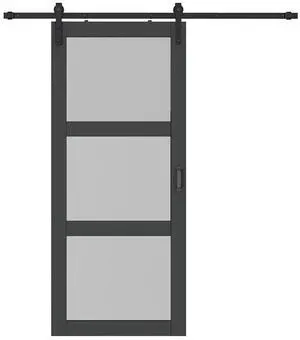 36 in. x 84 in. 3 Lite Pre Assembled Frosted Glass Black MDF Interior Sliding Barn Door with Hardware Kit Door Handle 36 in. x 84 in. 3 Lite Pre Assembled Frosted Glass Black MDF Interior Sliding Barn Door with Hardware Kit Door Handle