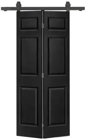 30 in. x 80 in. 6-Panel Black Painted MDF Composite Bi-Fold Barn Door with Sliding Hardware Kit 30 in. x 80 in. 6-Panel Black Painted MDF Composite Bi-Fold Barn Door with Sliding Hardware Kit
