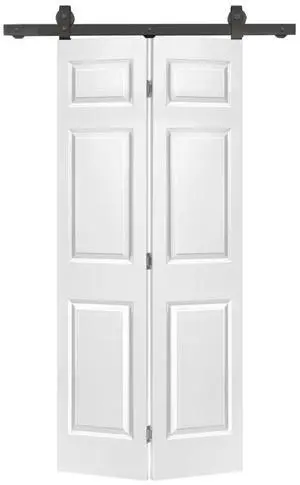 36 in. x 84 in. 6 Panel Hollow Core Primed MDF Composite Bi-Fold Barn Door with Sliding Hardware Kit 36 in. x 84 in. 6 Panel Hollow Core Primed MDF Composite Bi-Fold Barn Door with Sliding Hardware Kit