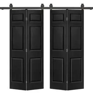 48 in. x 80 in. 6-Panel Black Painted MDF Composite Double Bi-Fold Barn Door with Sliding Hardware Kit 48 in. x 80 in. 6-Panel Black Painted MDF Composite Double Bi-Fold Barn Door with Sliding Hardware Kit