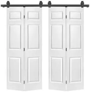 48 in. x 80 in. 6-Panel White Painted MDF Composite Double Bi-Fold Barn Door with Sliding Hardware Kit 48 in. x 80 in. 6-Panel White Painted MDF Composite Double Bi-Fold Barn Door with Sliding Hardware Kit