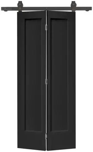30 in. x 80 in. 1 Panel Shaker Black Painted MDF Composite Bi-Fold Barn Door with Sliding Hardware Kit 30 in. x 80 in. 1 Panel Shaker Black Painted MDF Composite Bi-Fold Barn Door with Sliding Hardware Kit