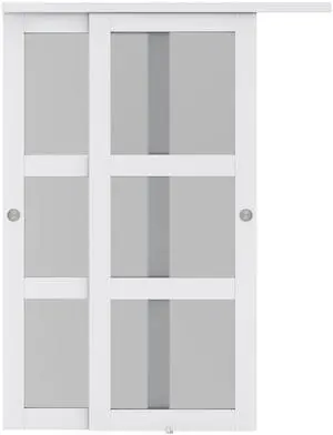 72 in. x 80 in. 3-Lite Frosted Tempered Glass Sliding Double Bypass Closet Doors with Installation Hardware Kit 72 in. x 80 in. 3-Lite Frosted Tempered Glass Sliding Double Bypass Closet Doors with Installation Hardware Kit