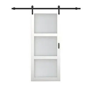 36 in. x 84 in. 3-Lites Pre Assembled Frosted Glass White MDF Interior Sliding Barn Door w/ Hardware Kit and Door Handle 36 in. x 84 in. 3-Lites Pre Assembled Frosted Glass White MDF Interior Sliding Barn Door w/ Hardware Kit and Door Handle