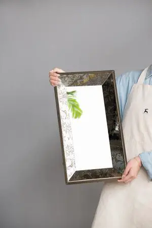 24" x 15" Antique Silver Rectangle Mirror with Floral Accents, Mirrored Display Tray, Hanging Wall Mirror 24" x 15" Antique Silver Rectangle Mirror with Floral Accents, Mirrored Display Tray, Hanging Wall Mirror