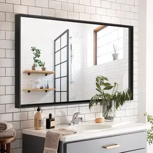 Glossy Black Bathroom Mirrors For Wall 48x30inch Wall Mounted Hanging Plates Mirror Farmhouse Mirror Modern Metal Framed Rectangular Mirror, Decorative Square Corner Mirror(Horizontal & Vertical) Glossy Black Bathroom Mirrors For Wall 48x30inch Wall Mounted Hanging Plates Mirror Farmhouse Mirror Modern Metal Framed Rectangular Mirror, Decorative Square Corner Mirror(Horizontal & Vertical)