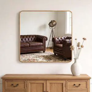 36in x 36in Inch Gold Metal Framed Square Bathrrom Mirror for Wall. 36in x 36in Inch Gold Metal Framed Square Bathrrom Mirror for Wall.