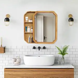 31.5" x 23.82" Wood Framed Wall - Mounted Mirror Cabinet with Storage Shelves, Medicine Mirror for Bathroom, Living Room, Entryway 31.5" x 23.82" Wood Framed Wall - Mounted Mirror Cabinet with Storage Shelves, Medicine Mirror for Bathroom, Living Room, Entryway