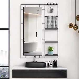 30X44 Ines Modern Vanity Mirror with Multi-functional Shelf, Large bathroom Mirror, Black Frame Decoration Mirror, Suitable for Bathroom, Living Room, Bedroom 30X44 Ines Modern Vanity Mirror with Multi-functional Shelf, Large bathroom Mirror, Black Frame Decoration Mirror, Suitable for Bathroom, Living Room, Bedroom