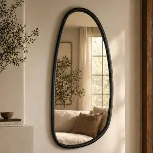 Wall Mirror with Blackwash Mango Wood Frame, Black, 28x60" Wall Mirror with Blackwash Mango Wood Frame, Black, 28x60"