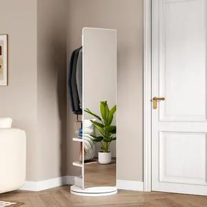 360° Rotating 69"x20" Multifunctional Full Length Mirror with Hook Storage Rack Coat Rack with Mirror Solid Wood Floor Mirror Bedroom Living Room Cloakroom Space Saving (white) 360° Rotating 69"x20" Multifunctional Full Length Mirror with Hook Storage Rack Coat Rack with Mirror Solid Wood Floor Mirror Bedroom Living Room Cloakroom Space Saving (white)