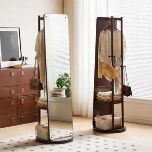 Rotating Full Length Mirror with Clothes Rack, Freestanding Solid Wood Storage Mirror for Bedroom Living Room Rotating Full Length Mirror with Clothes Rack, Freestanding Solid Wood Storage Mirror for Bedroom Living Room