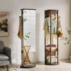 Solid Rubberwood Rotating Full-Length Mirror Cabinet, Freestanding Jewelry Armoire with Multi-Functional Hooks and Shelves for Bedroom & Closet Solid Rubberwood Rotating Full-Length Mirror Cabinet, Freestanding Jewelry Armoire with Multi-Functional Hooks and Shelves for Bedroom & Closet