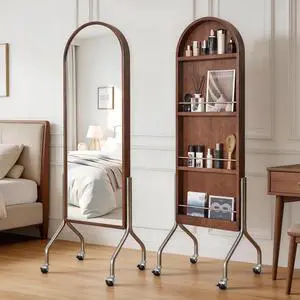 Arched Full Length Mirror with Storage Shelves & Wheels, Rubber Wood Frame Floor Mirror, Freestanding Rolling Mirror with Cart, 2-in-1 Dressing Mirror & Bookcase for Bedroom Living Room Arched Full Length Mirror with Storage Shelves & Wheels, Rubber Wood Frame Floor Mirror, Freestanding Rolling Mirror with Cart, 2-in-1 Dressing Mirror & Bookcase for Bedroom Living Room