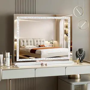 Vanity Mirror with Lights 31.5" x 22.8" Makeup Mirror with Crystal Light Strip and Hollywood Vanity Mirror wtih Smart Touch Control 3 Colors Dimmable Light Strip & 10X Magnification,White Vanity Mirror with Lights 31.5" x 22.8" Makeup Mirror with Crystal Light Strip and Hollywood Vanity Mirror wtih Smart Touch Control 3 Colors Dimmable Light Strip & 10X Magnification,White