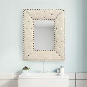 WHITE Rectangle Decorative Wall Hanging Mirror,Rivet Decoration,PU Covered MDF Framed Mirror for Bedroom Living Room Vanity Entryway Wall Decor,21x26inch WHITE Rectangle Decorative Wall Hanging Mirror,Rivet Decoration,PU Covered MDF Framed Mirror for Bedroom Living Room Vanity Entryway Wall Decor,21x26inch