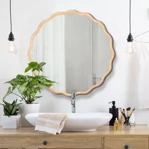 Solid Wood Wavy Mirror--Natural-Wood Vanity Mirror Wall Decor 31" x 31" Modern Mirror Wall Decor for Bathroom, Bedroom, Living Room, Dining Room, Cloakroom, Entryway Solid Wood Wavy Mirror--Natural-Wood Vanity Mirror Wall Decor 31" x 31" Modern Mirror Wall Decor for Bathroom, Bedroom, Living Room, Dining Room, Cloakroom, Entryway