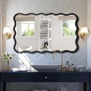 Solid Wood Wavy Rectangle Mirror-Black 40" x 28" Modern Mirror Wall Decor for Bathroom, Bedroom, Living Room, Dining Room, Cloakroom, Entryway Solid Wood Wavy Rectangle Mirror-Black 40" x 28" Modern Mirror Wall Decor for Bathroom, Bedroom, Living Room, Dining Room, Cloakroom, Entryway